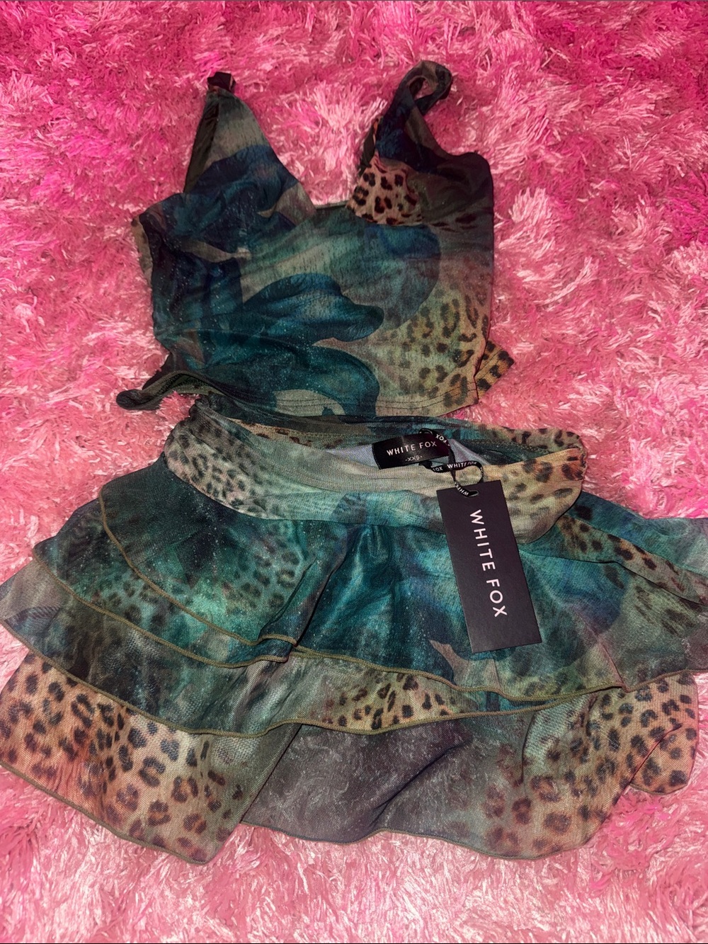 White Fox Animal Print Tank Top in Blue & Brown NWT